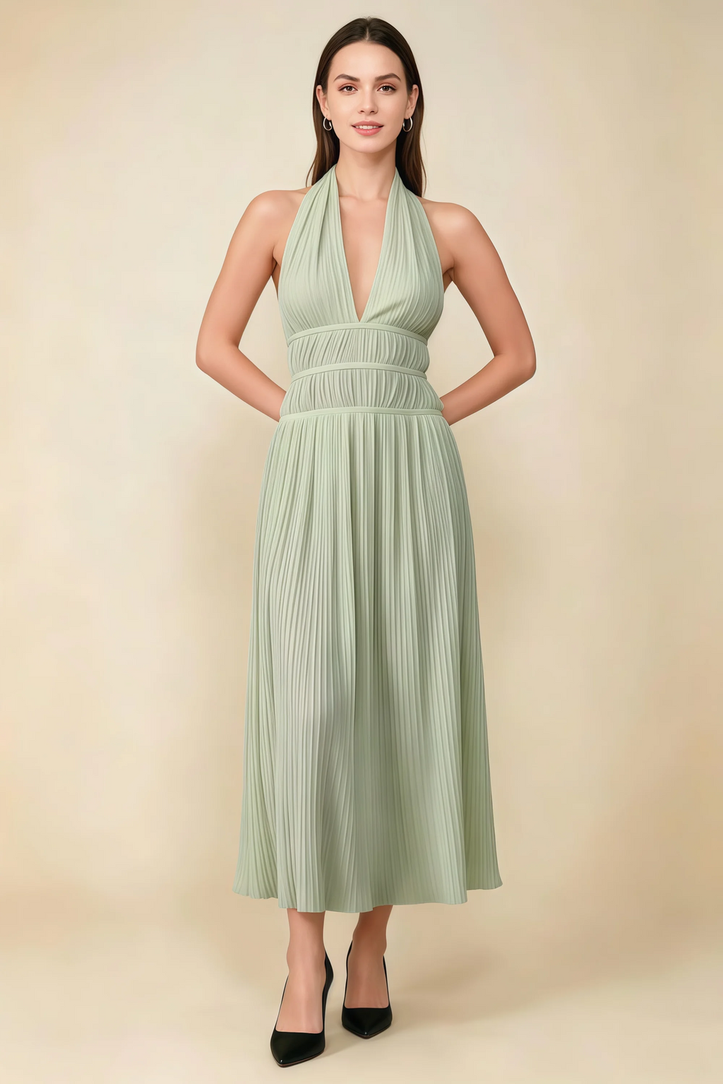 Arabella Sage Green Halter Open Back Pleated Midi Dress