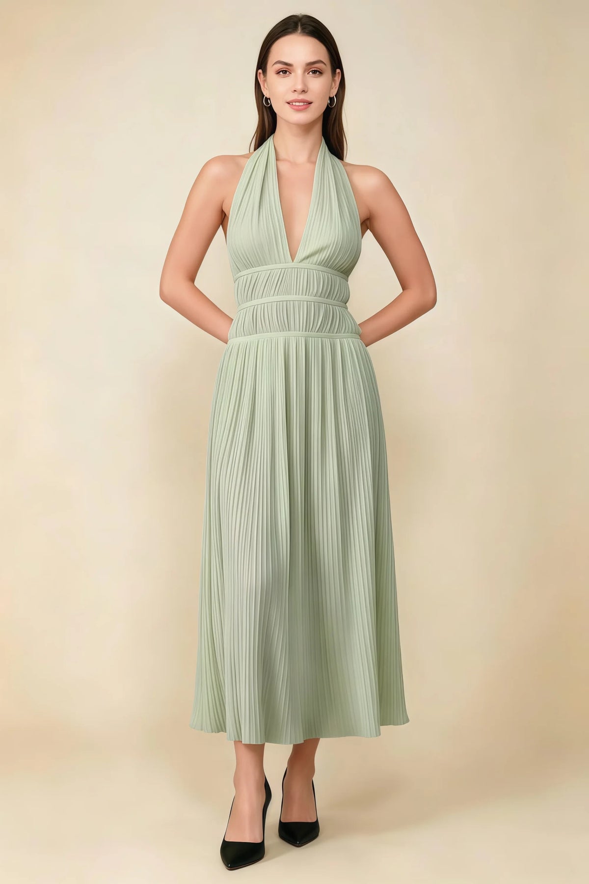 Arabella Sage Green Halter Open Back Pleated Midi Dress Main image