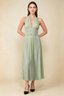Arabella Sage Green Halter Open Back Pleated Midi Dress