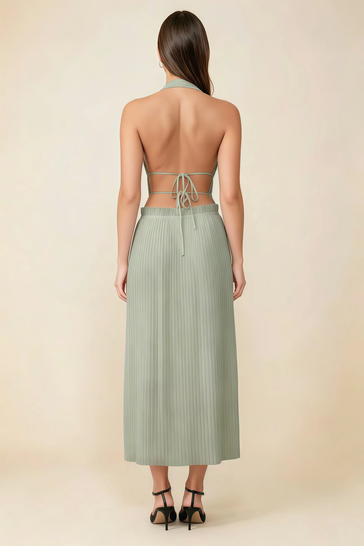 Arabella Sage Green Halter Open Back Pleated Midi Dress