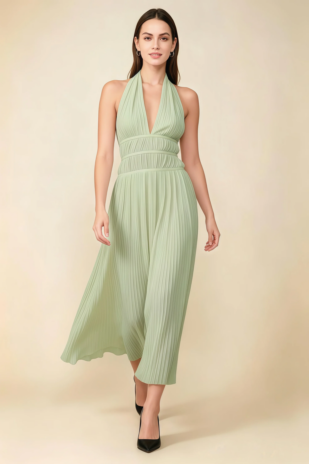 Arabella Sage Green Halter Open Back Pleated Midi Dress