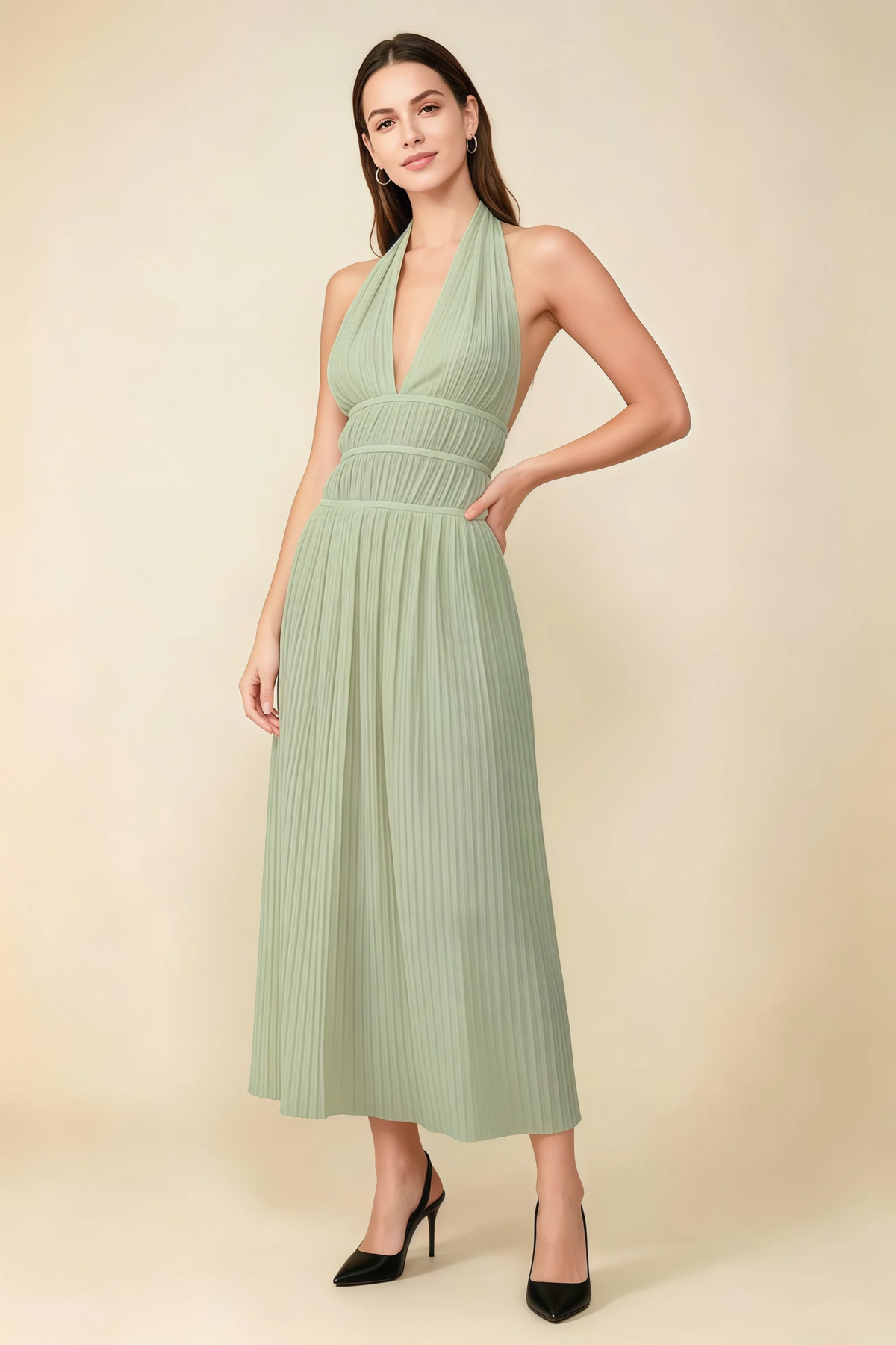 Arabella Sage Green Halter Open Back Pleated Midi Dress
