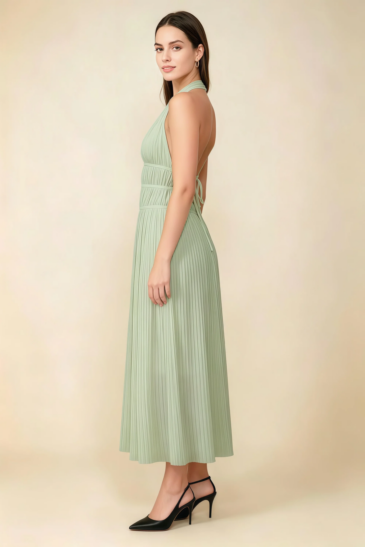 Arabella Sage Green Halter Open Back Pleated Midi Dress