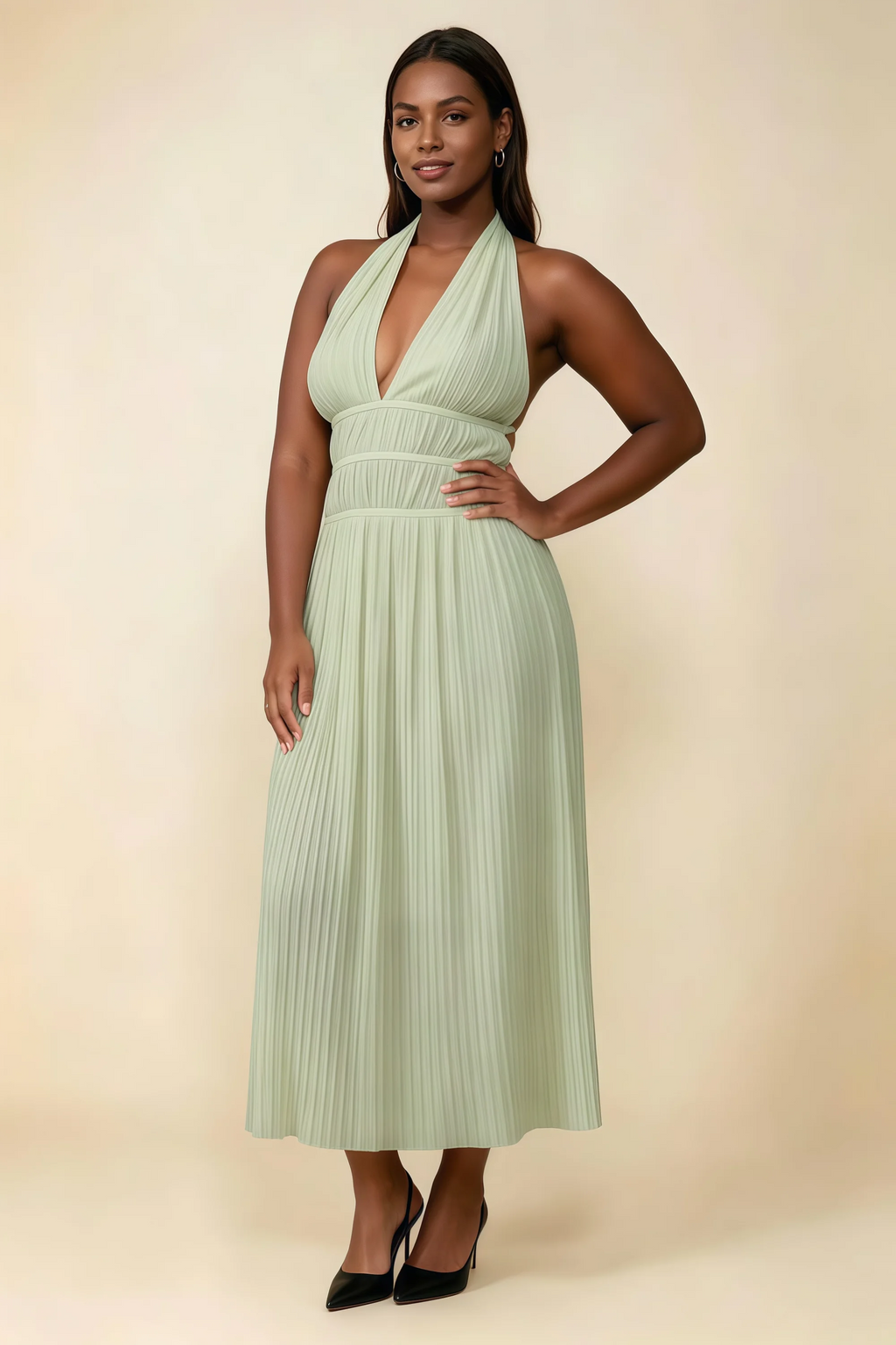 Arabella Sage Green Halter Open Back Pleated Midi Dress