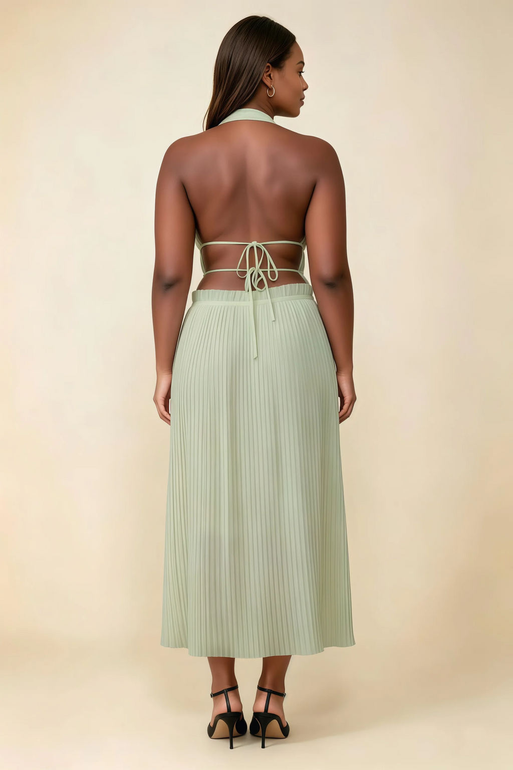 Arabella Sage Green Halter Open Back Pleated Midi Dress