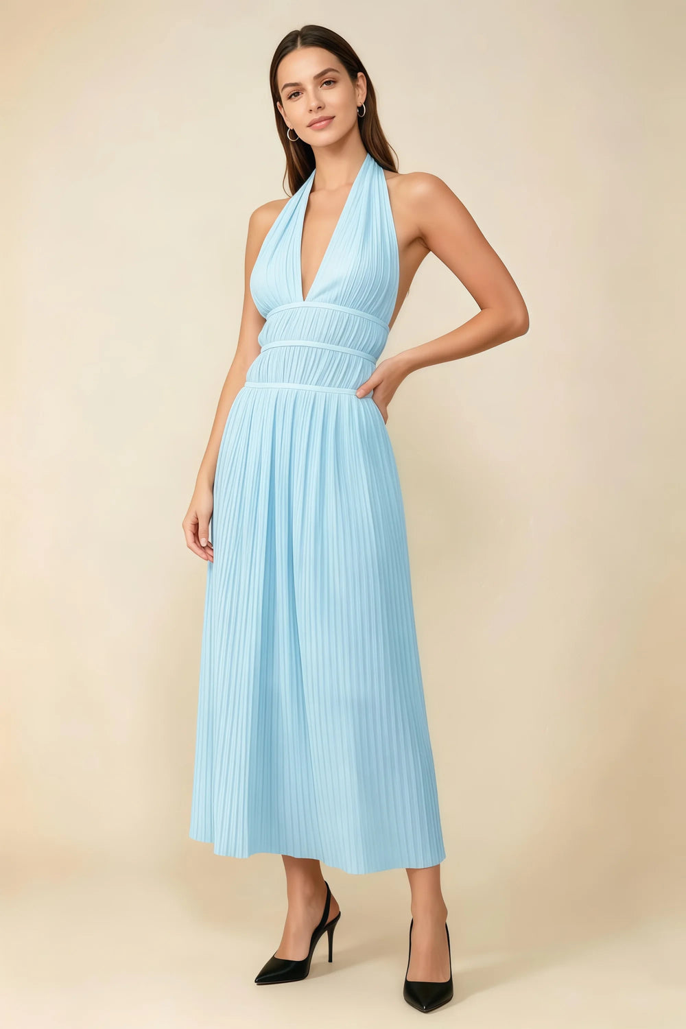 Translation missing: en.Front view of the LVLVS Arabella sky blue pleated midi dress with a deep V halter neckline and defined waist. content.product_image_main
