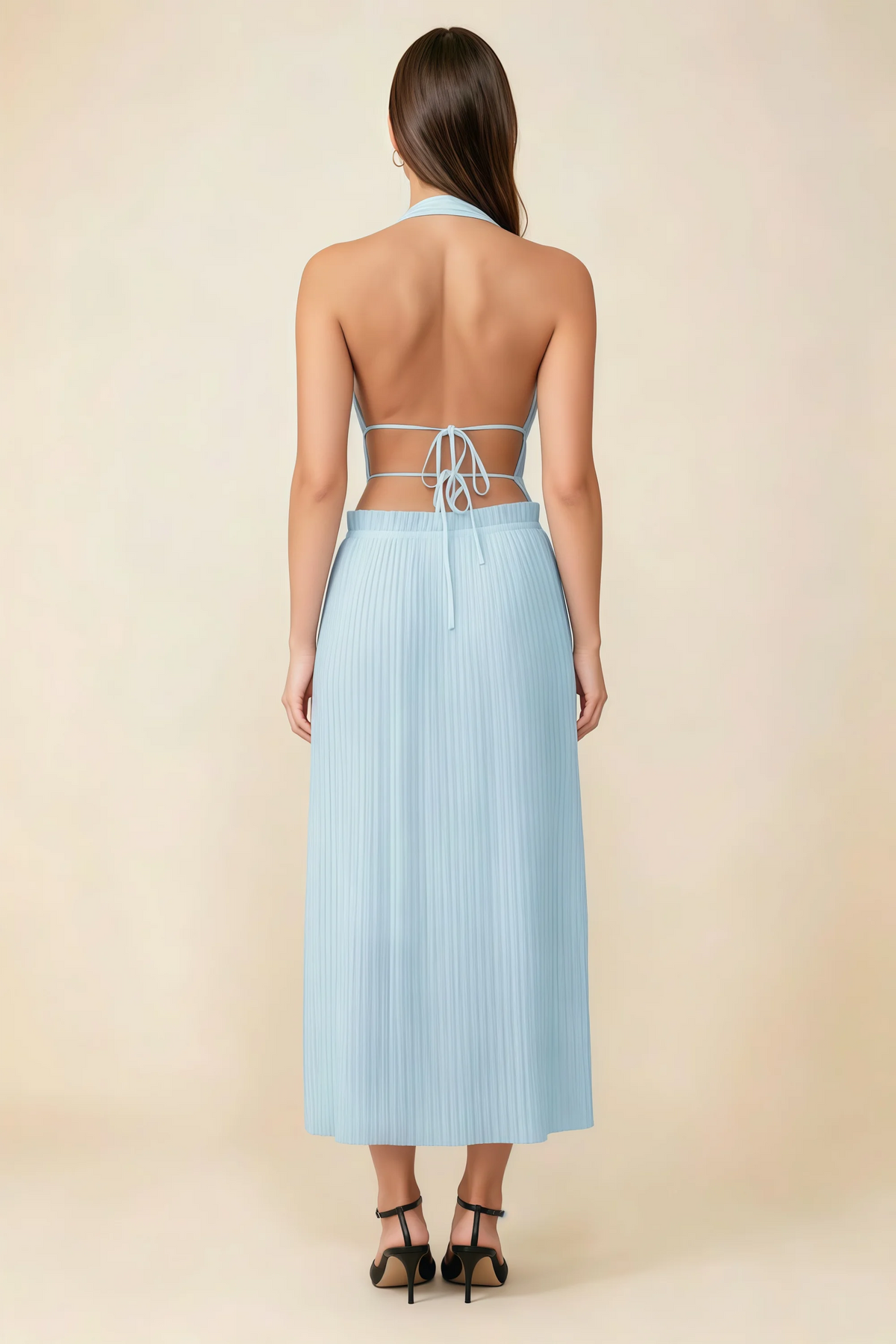 Arabella Sky Blue Halter Open Back Pleated Midi Dress