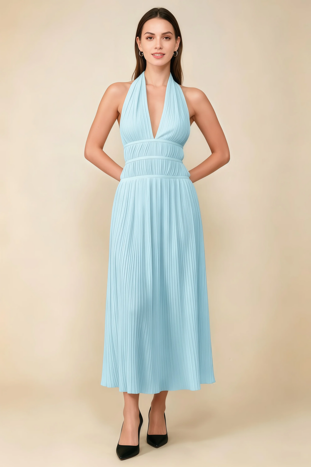 Arabella Sky Blue Halter Open Back Pleated Midi Dress