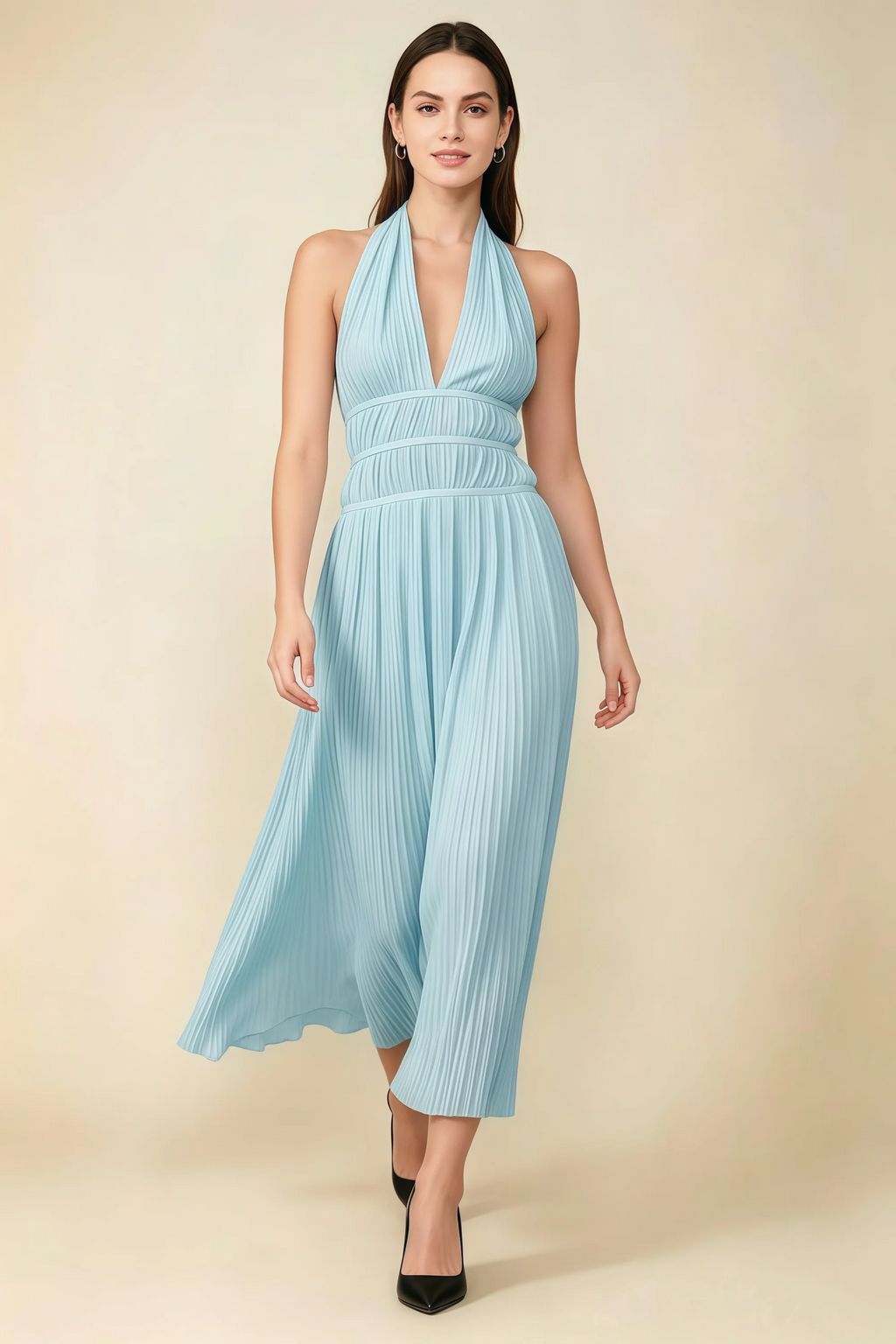 Arabella Sky Blue Halter Open Back Pleated Midi Dress