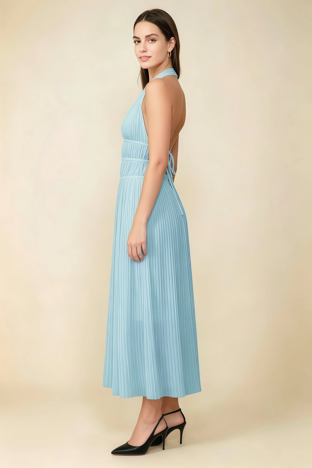 Arabella Sky Blue Halter Open Back Pleated Midi Dress