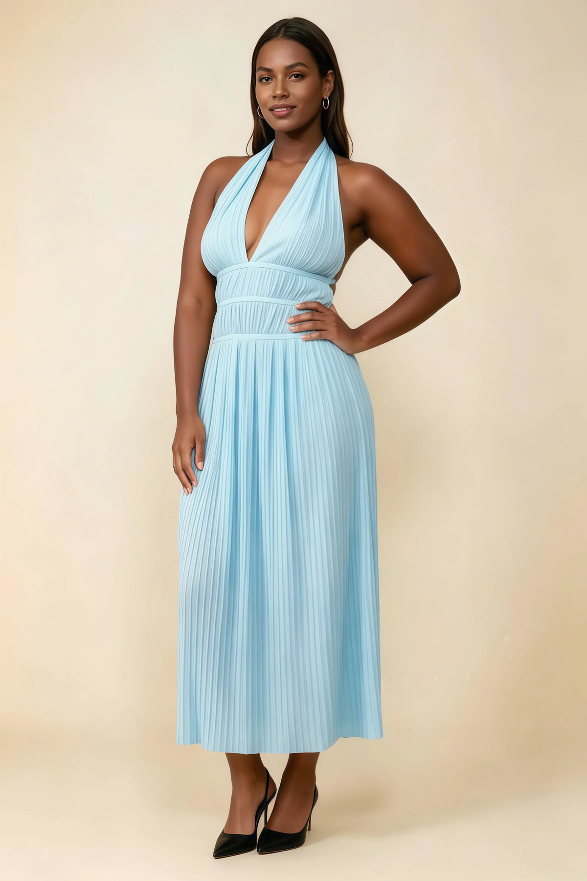 Arabella Sky Blue Halter Open Back Pleated Midi Dress