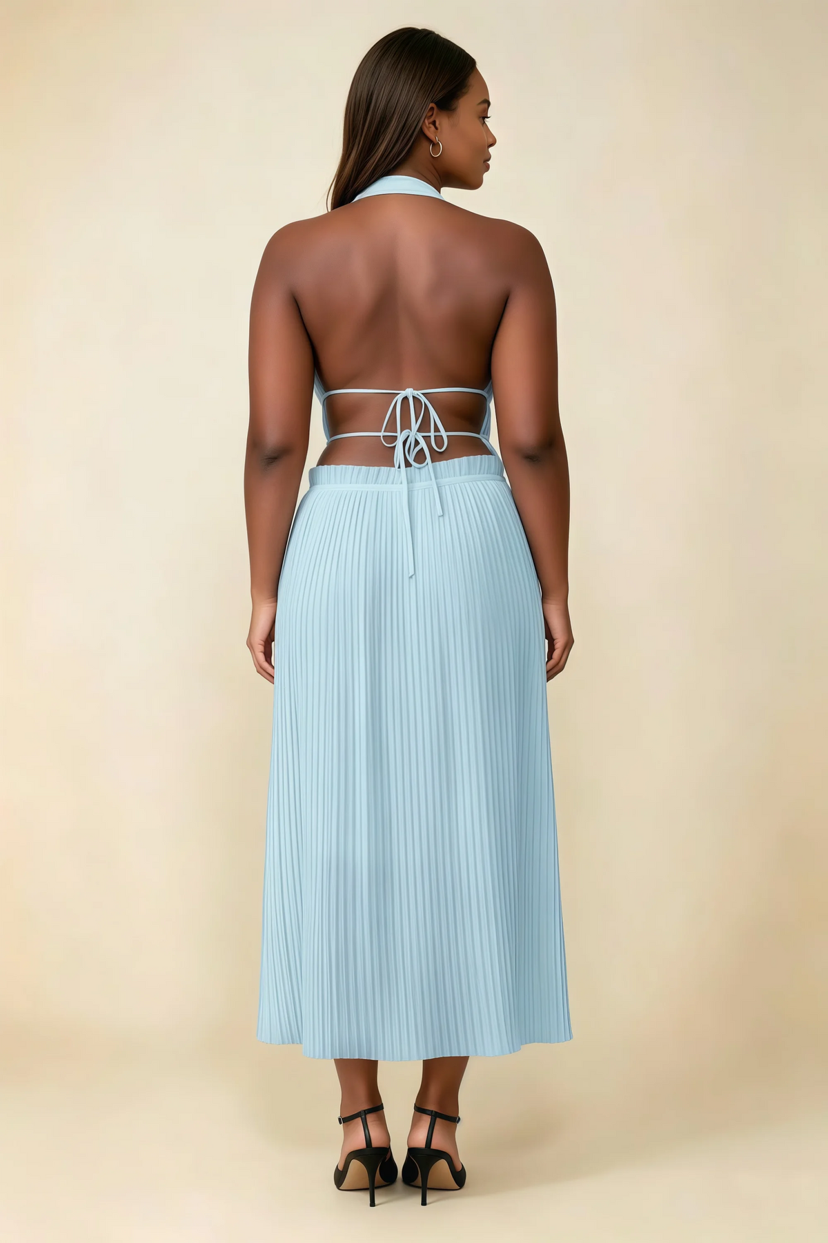 Arabella Sky Blue Halter Open Back Pleated Midi Dress