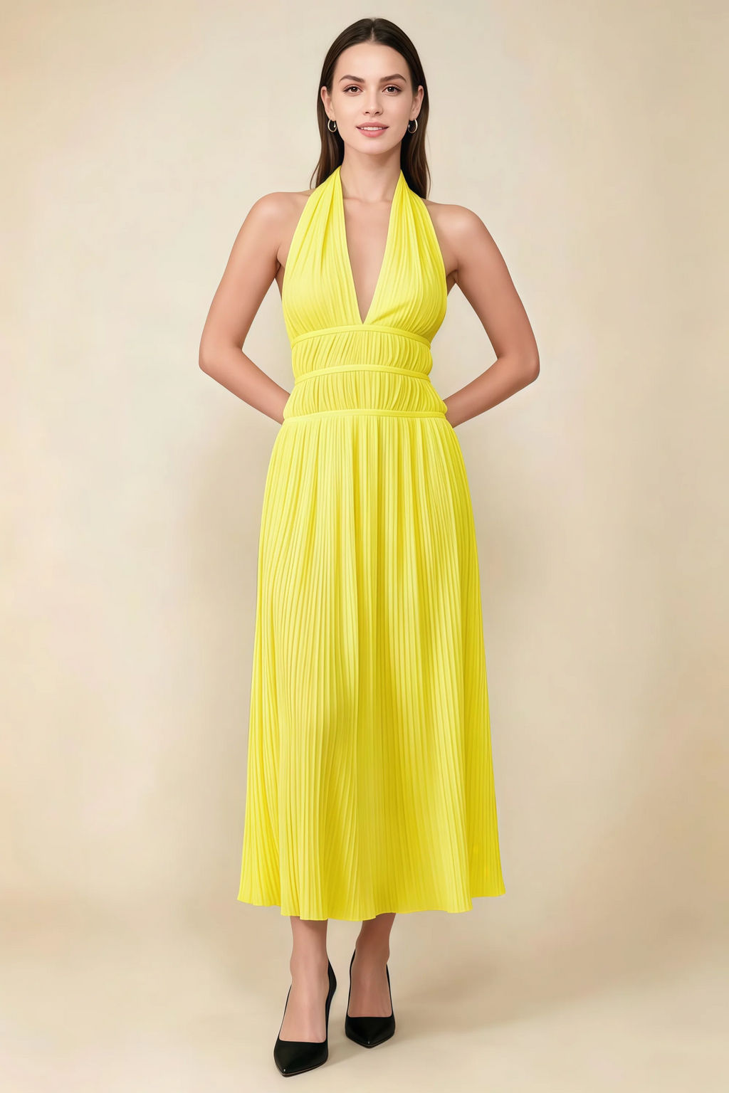 Arabella Yellow Halter Open Back Pleated Midi Dress