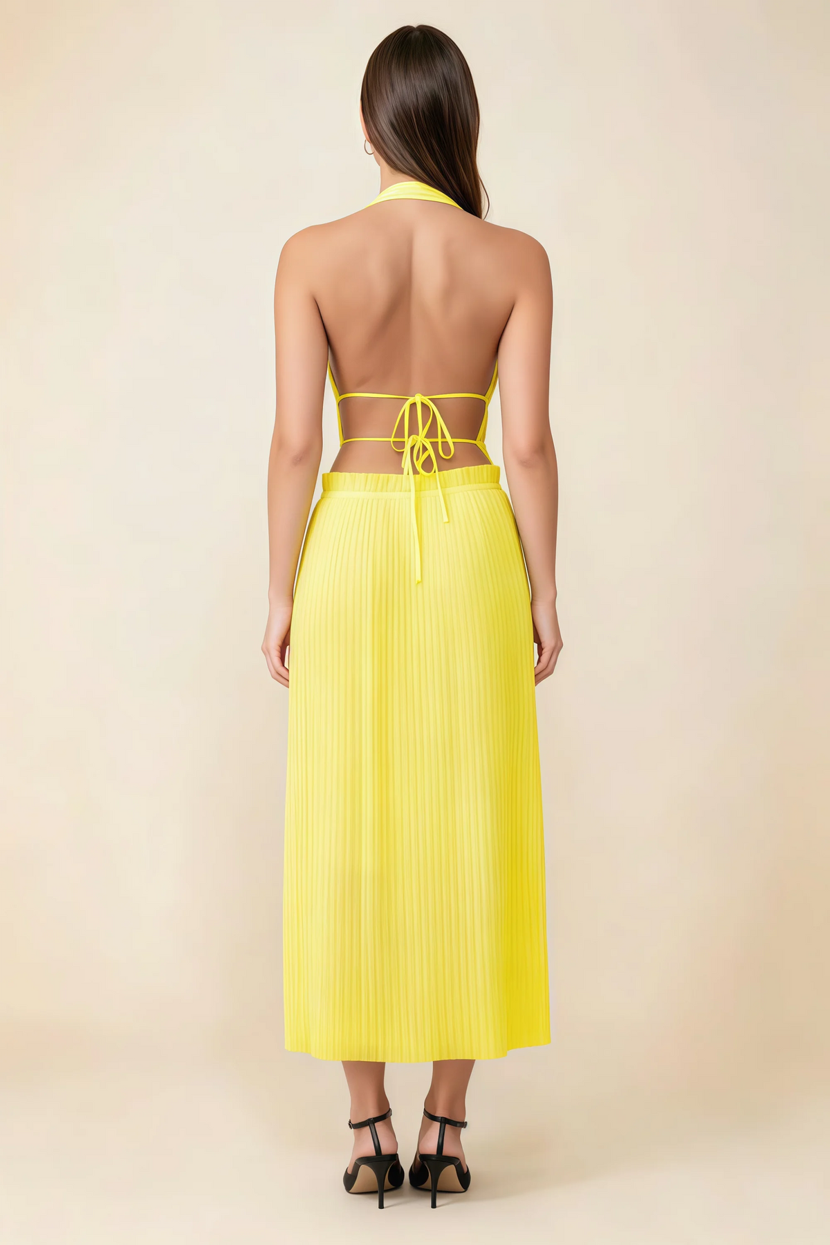 Arabella Yellow Halter Open Back Pleated Midi Dress