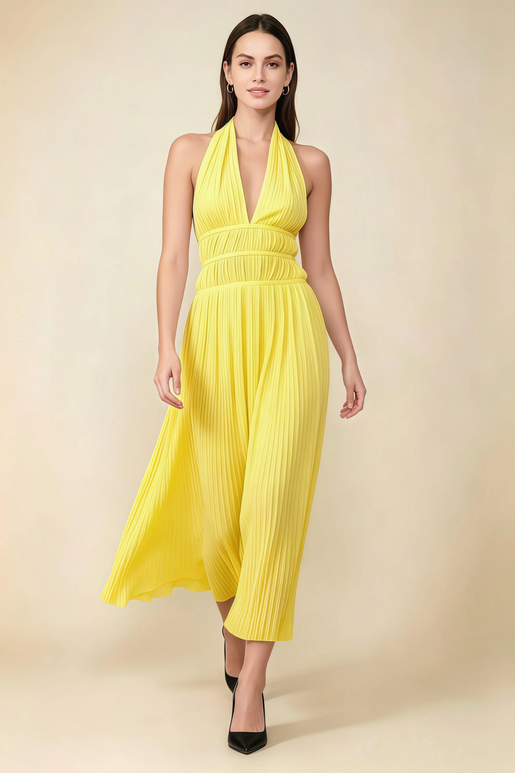 Arabella Yellow Halter Open Back Pleated Midi Dress