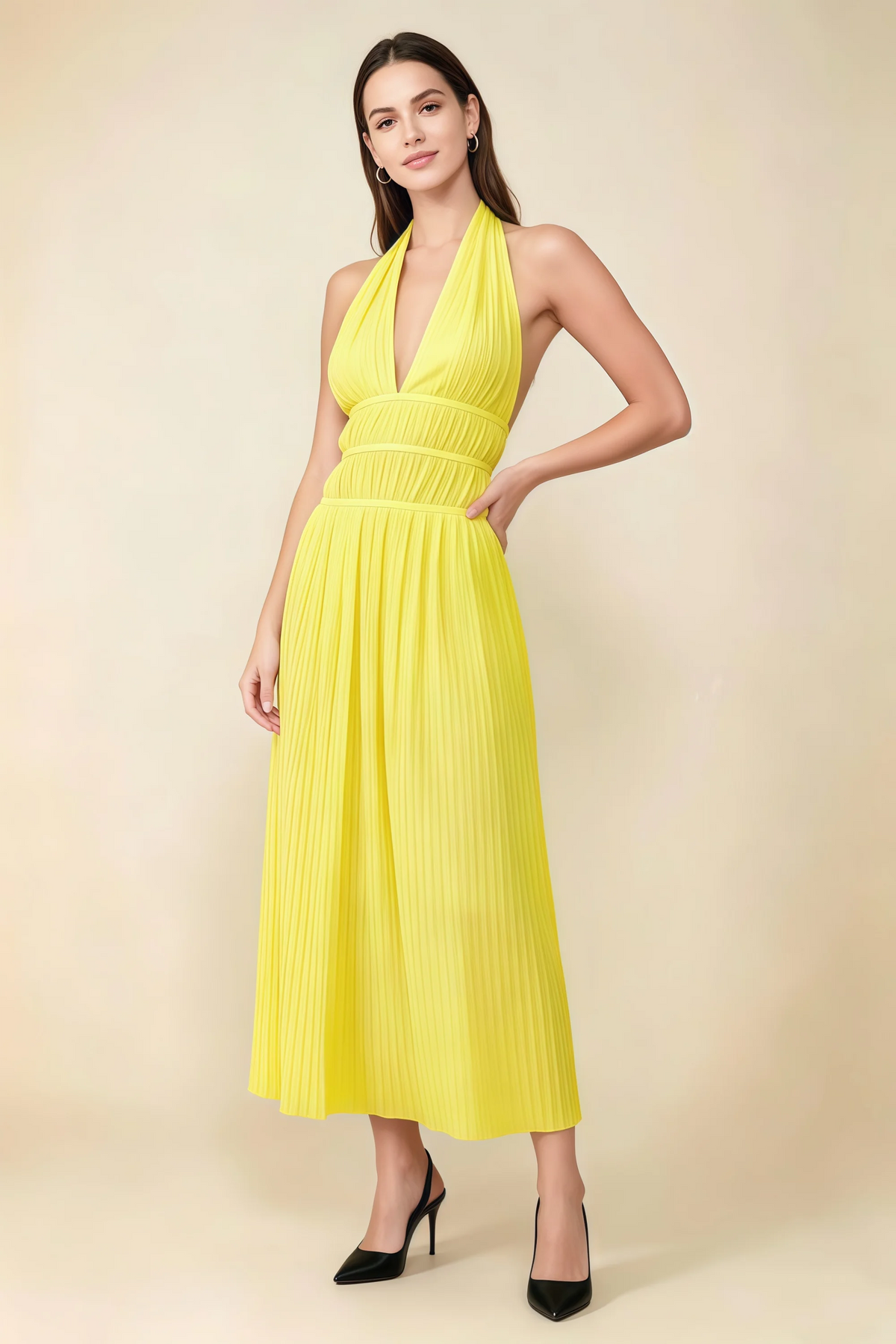 Arabella Yellow Halter Open Back Pleated Midi Dress