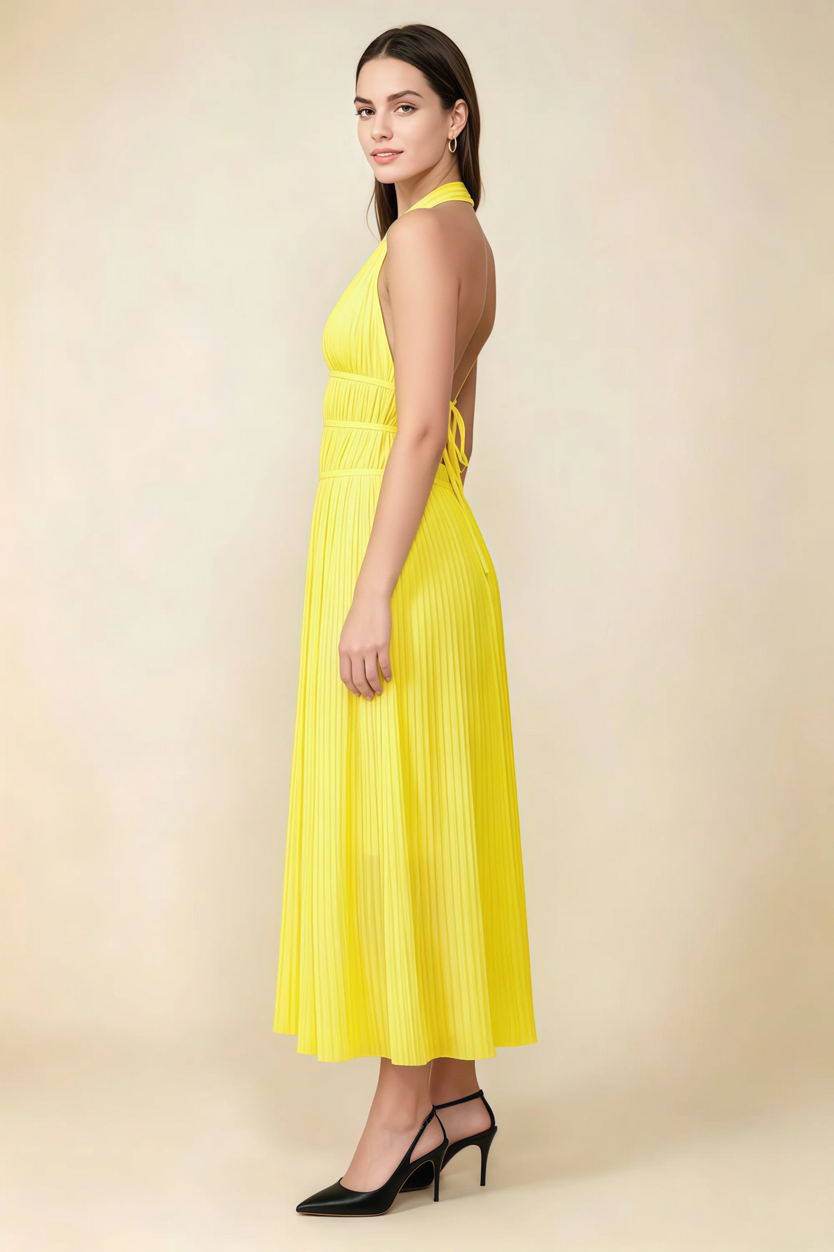 Arabella Yellow Halter Open Back Pleated Midi Dress