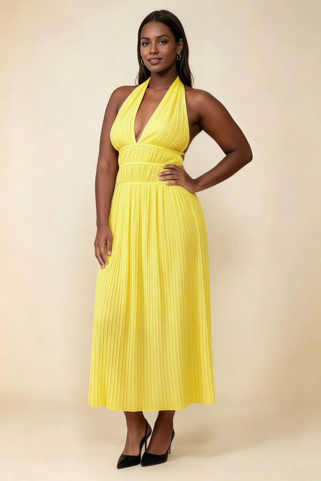 Arabella Yellow Halter Open Back Pleated Midi Dress