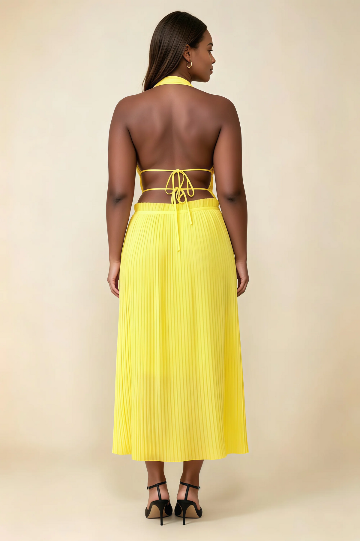 Arabella Yellow Halter Open Back Pleated Midi Dress