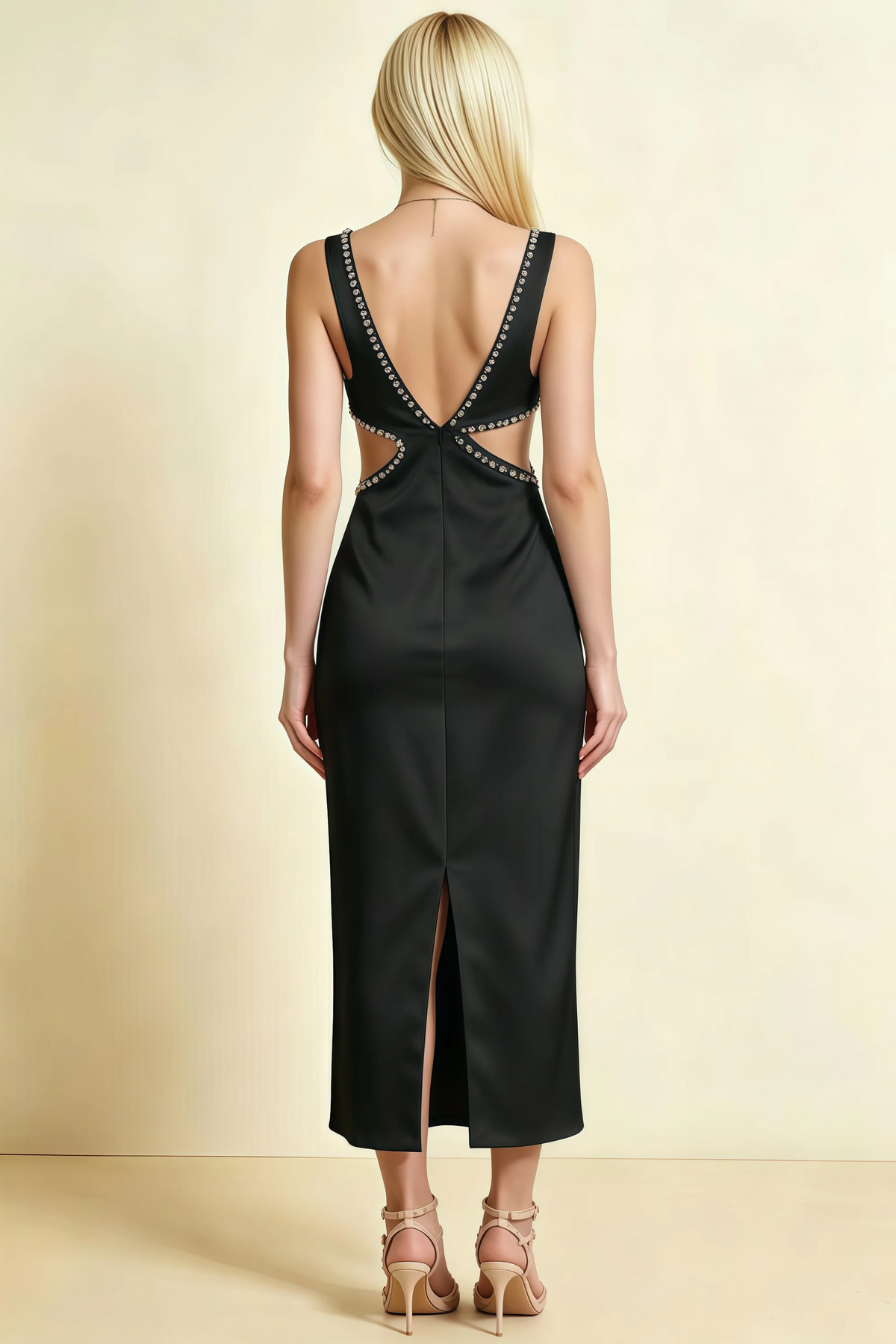Arlene Black Rhinestone Trim Cutout Midi Dress
