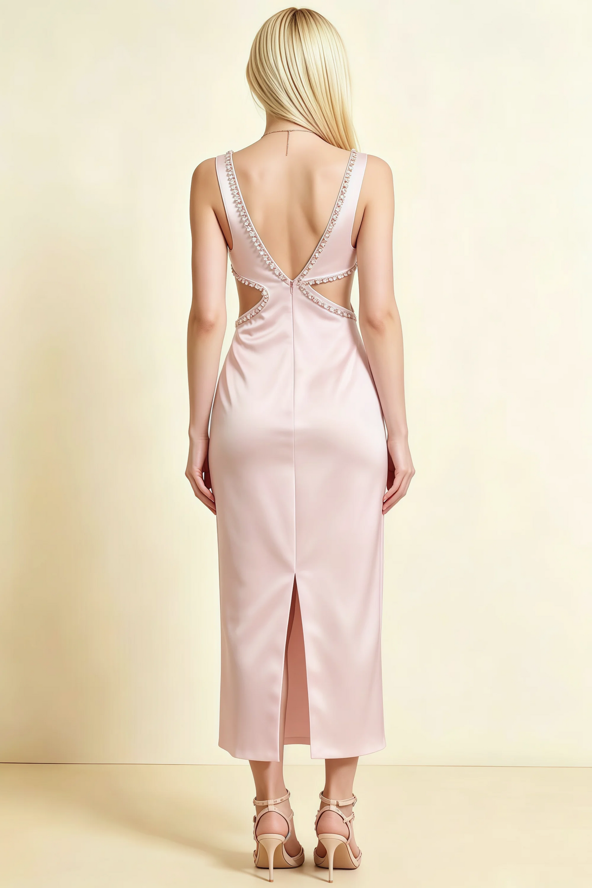 Arlene Light Pink Rhinestone Trim Cutout Midi Dress