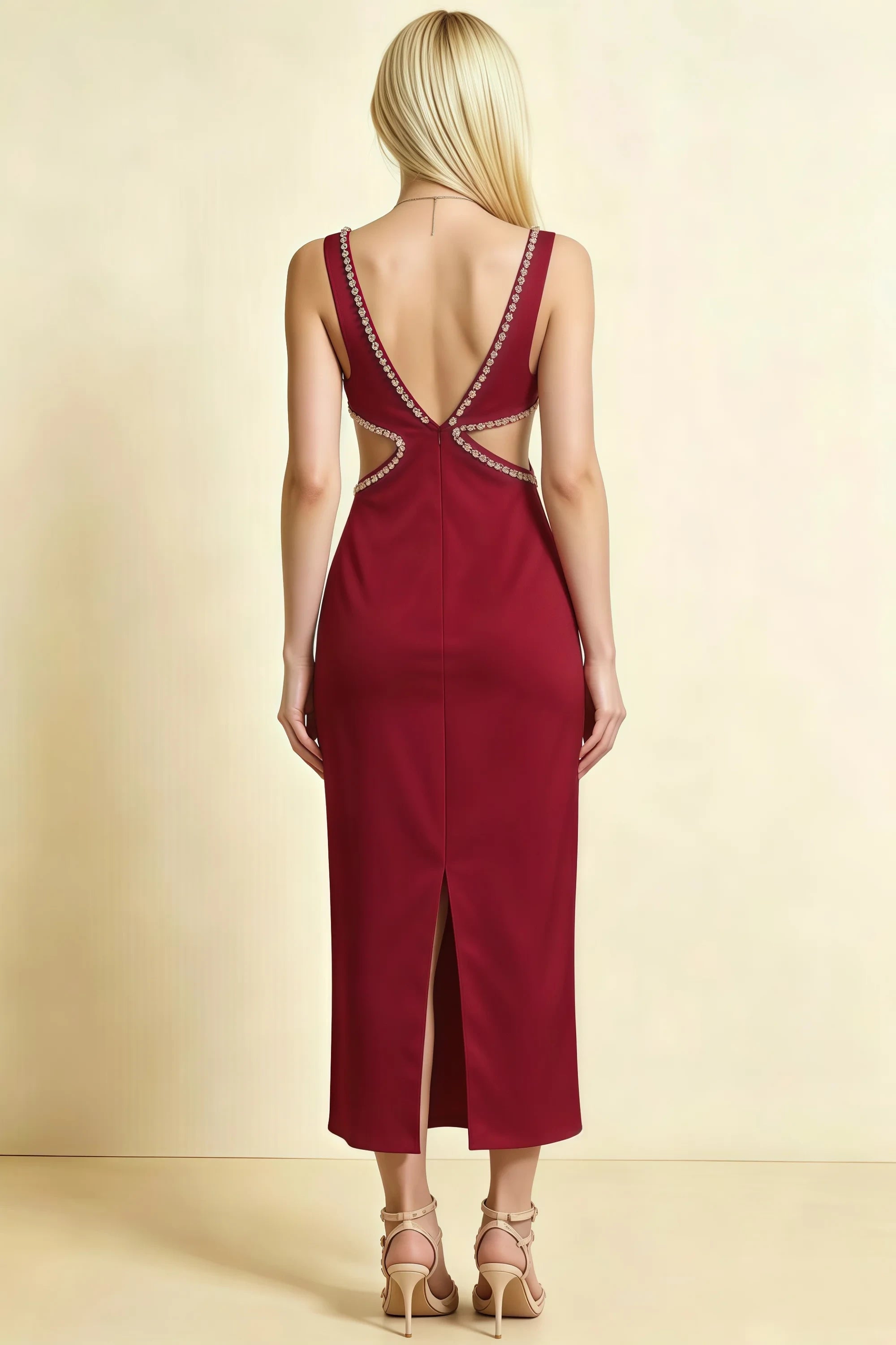 Arlene Red Rhinestone Trim Cutout Midi Dress Secondary image