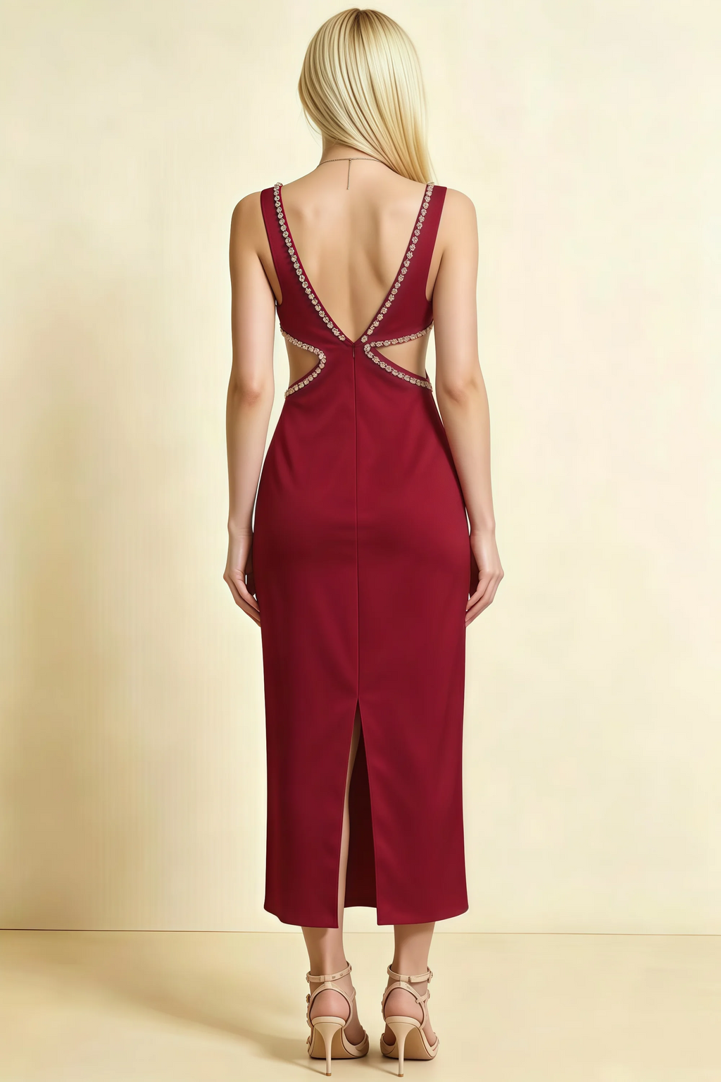 Arlene Red Rhinestone Trim Cutout Midi Dress