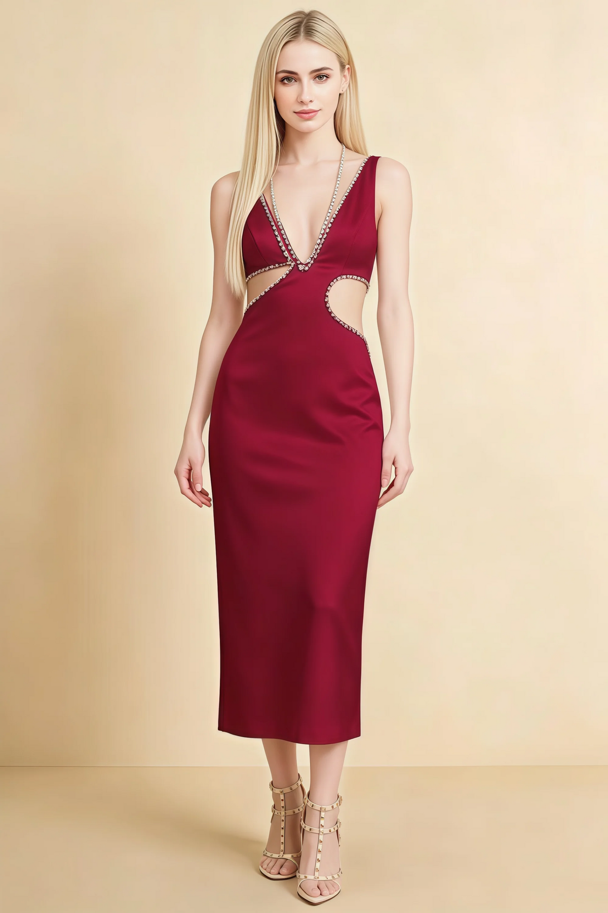 Arlene Red Rhinestone Trim Cutout Midi Dress