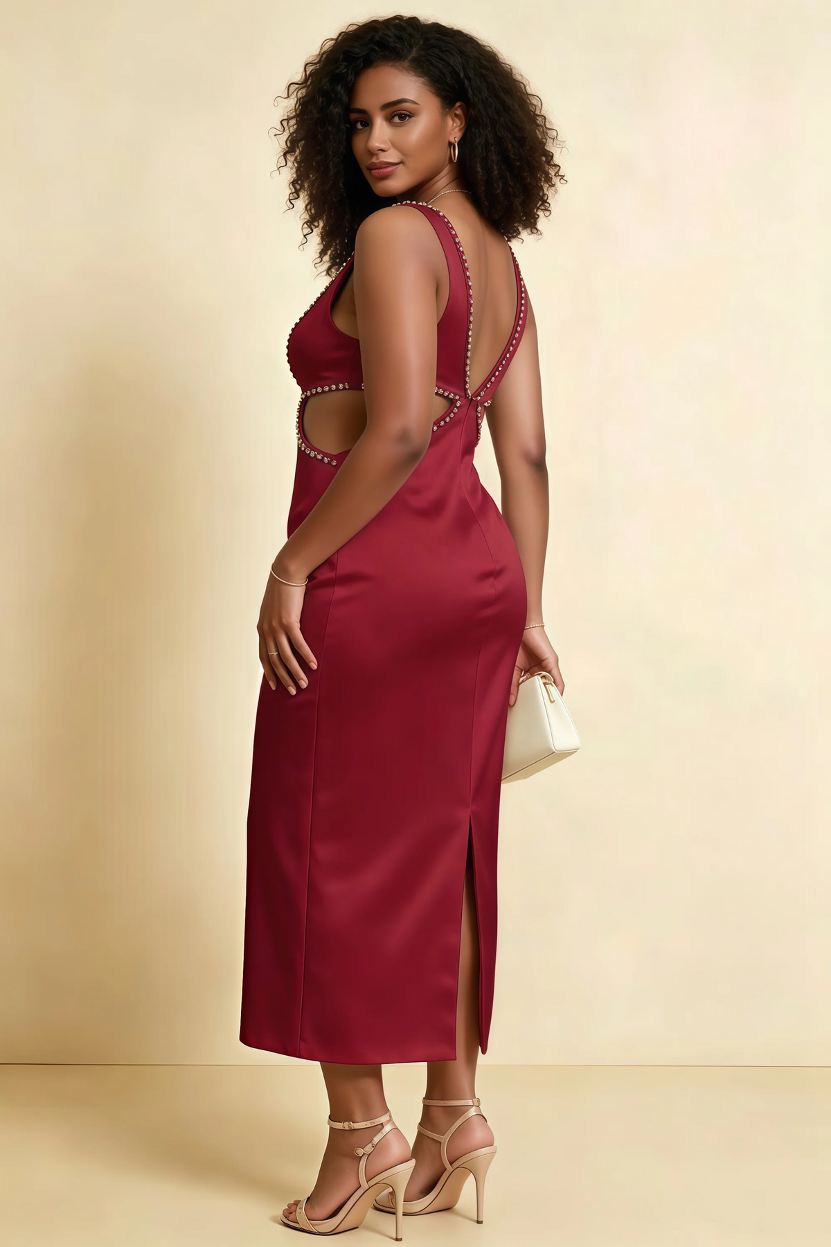 Arlene Red Rhinestone Trim Cutout Midi Dress