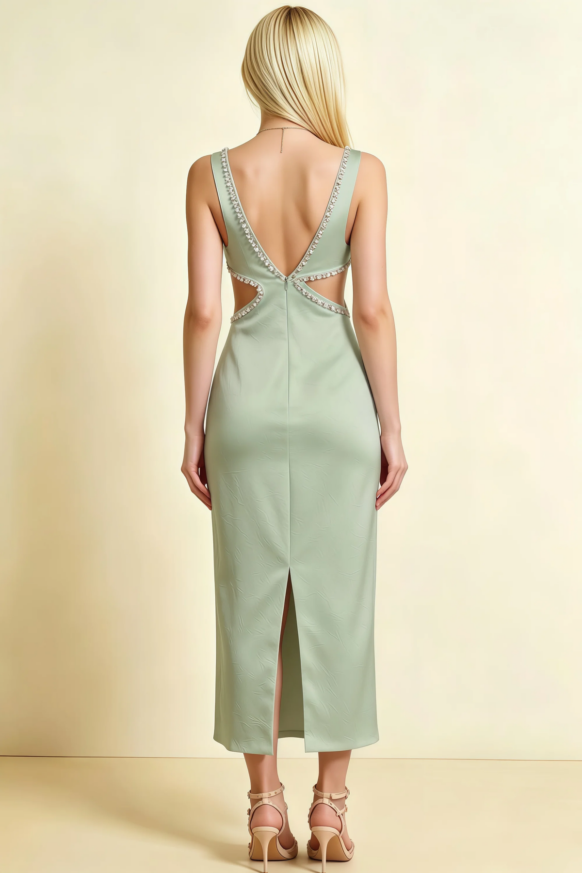 Arlene Sage Green Rhinestone Trim Cutout Midi Dress