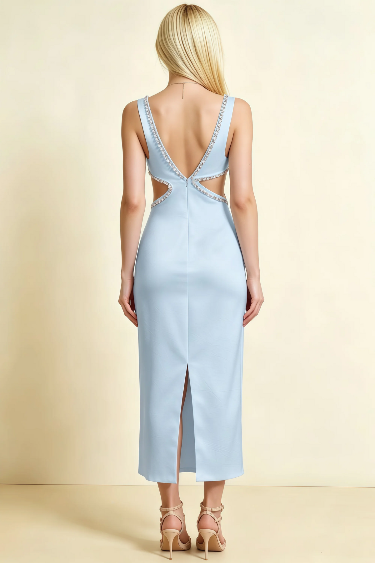 Arlene Sky Blue Rhinestone Trim Cutout Midi Dress