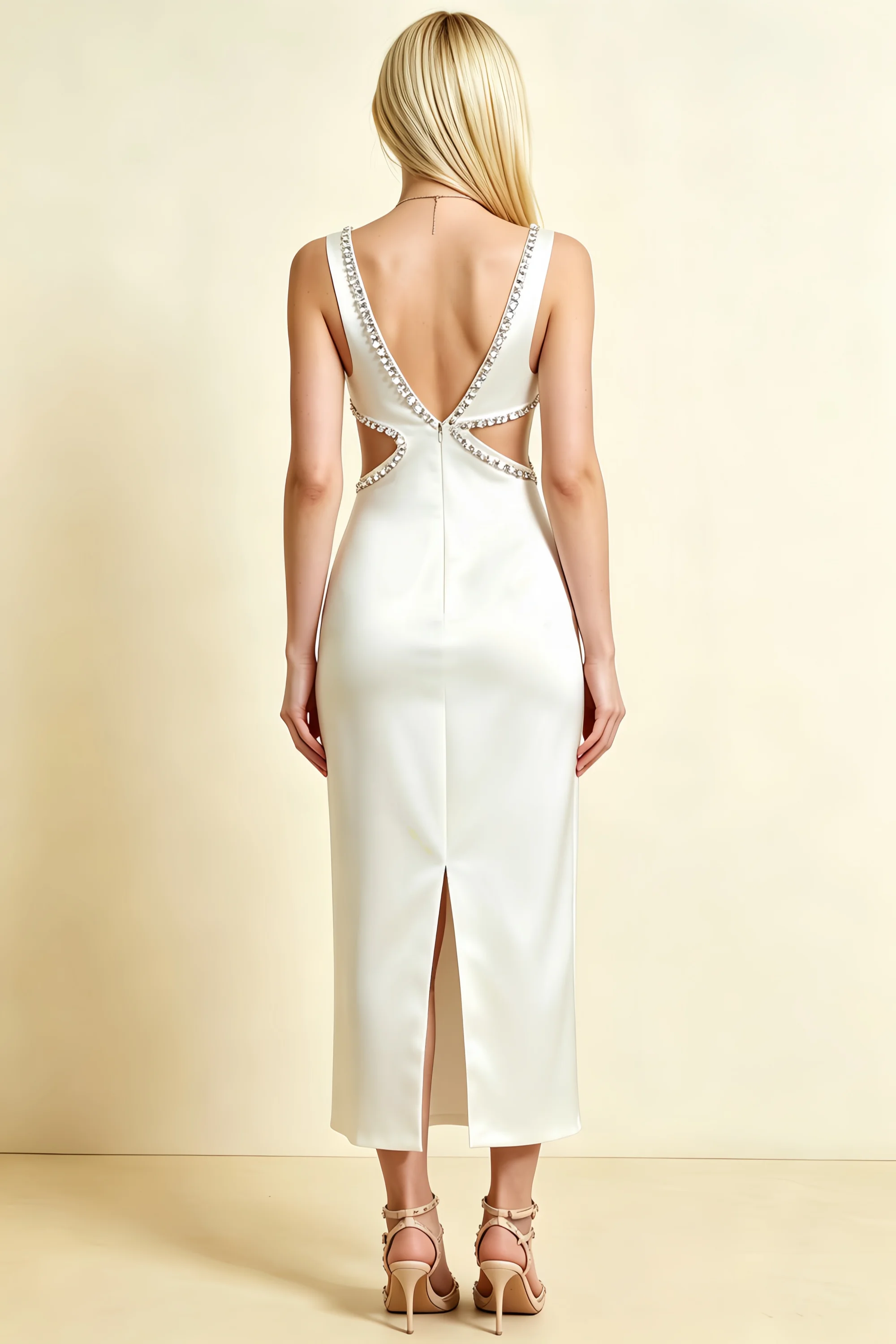 Arlene White Rhinestone Trim Cutout Midi Dress Secondary image