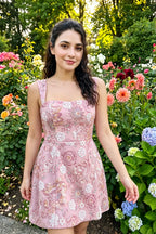 Ashley Pink Floral Sequin Embroidery Sweetheart Neck Mini Dress with Back Cut Out
