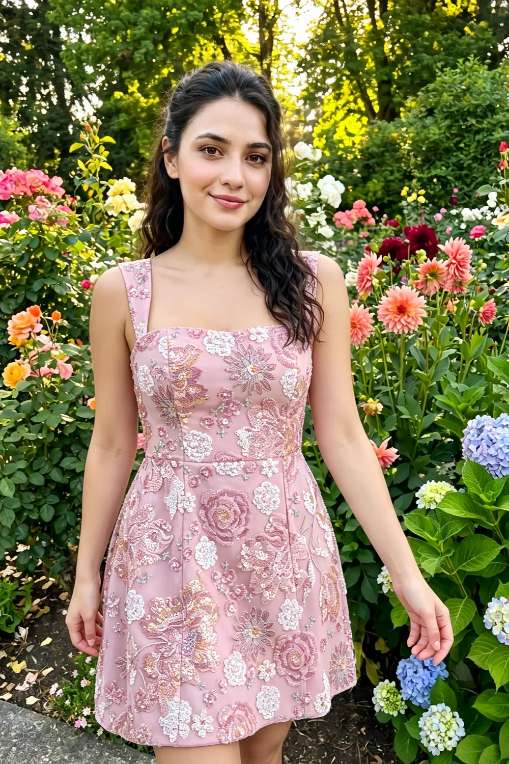 Ashley Pink Floral Sequin Embroidery Sweetheart Neck Mini Dress with Back Cut Out