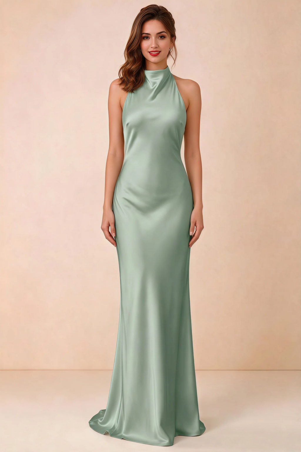 Front view of the LVLVS Astrid agave green satin maxi dress, showing the high halter neckline and flowing floor-length skirt.