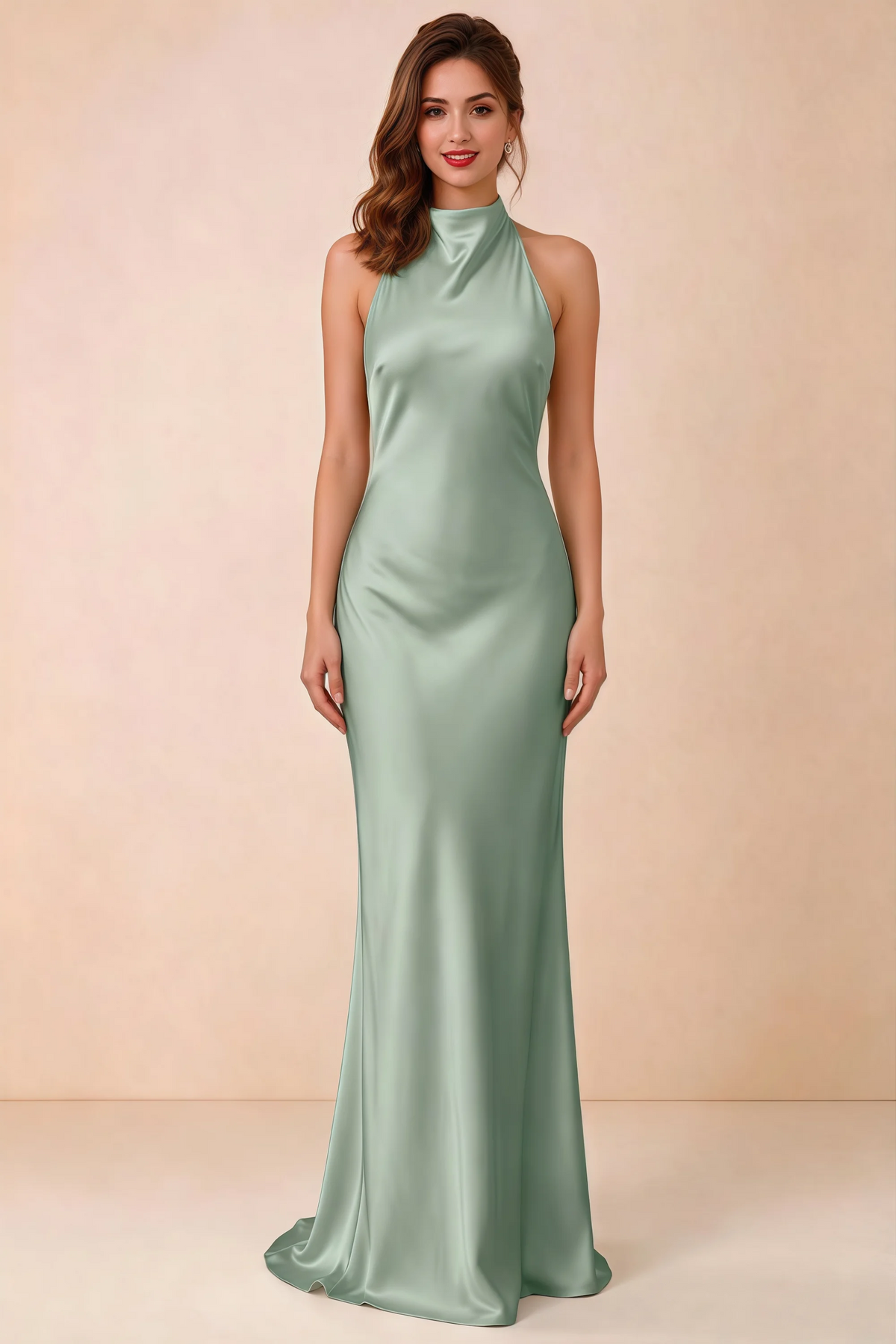 Front view of the LVLVS Astrid agave green satin maxi dress, showing the high halter neckline and flowing floor-length skirt.