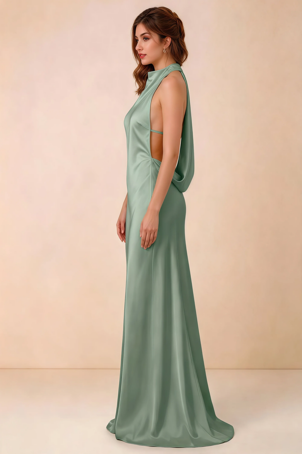 Side view of the LVLVS Astrid agave satin maxi dress, showing the halter neckline, open sides and low draped back.