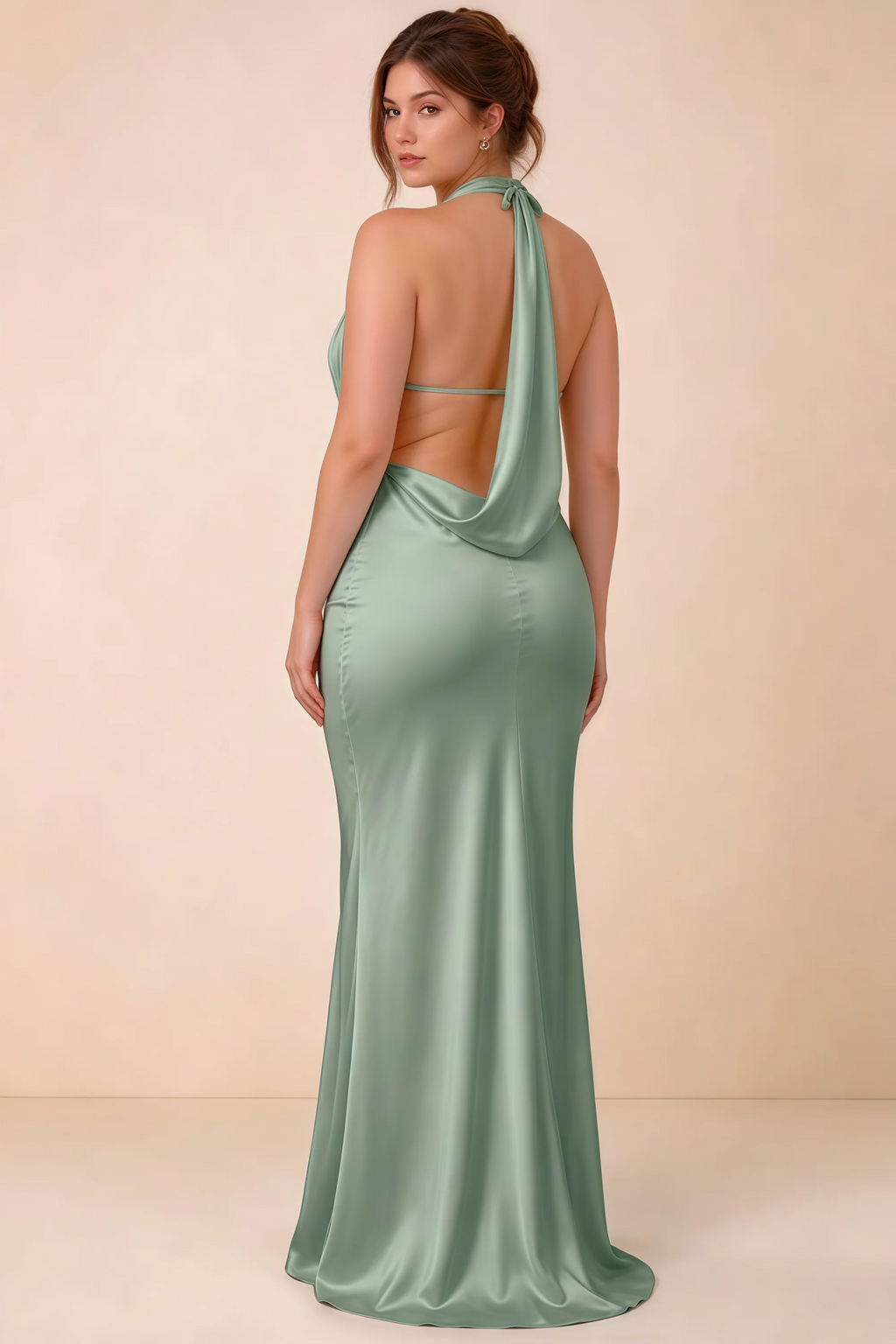 Rear three-quarter view of the LVLVS Astrid agave maxi dress, highlighting the neck ties, slim back strap and cowl draping.