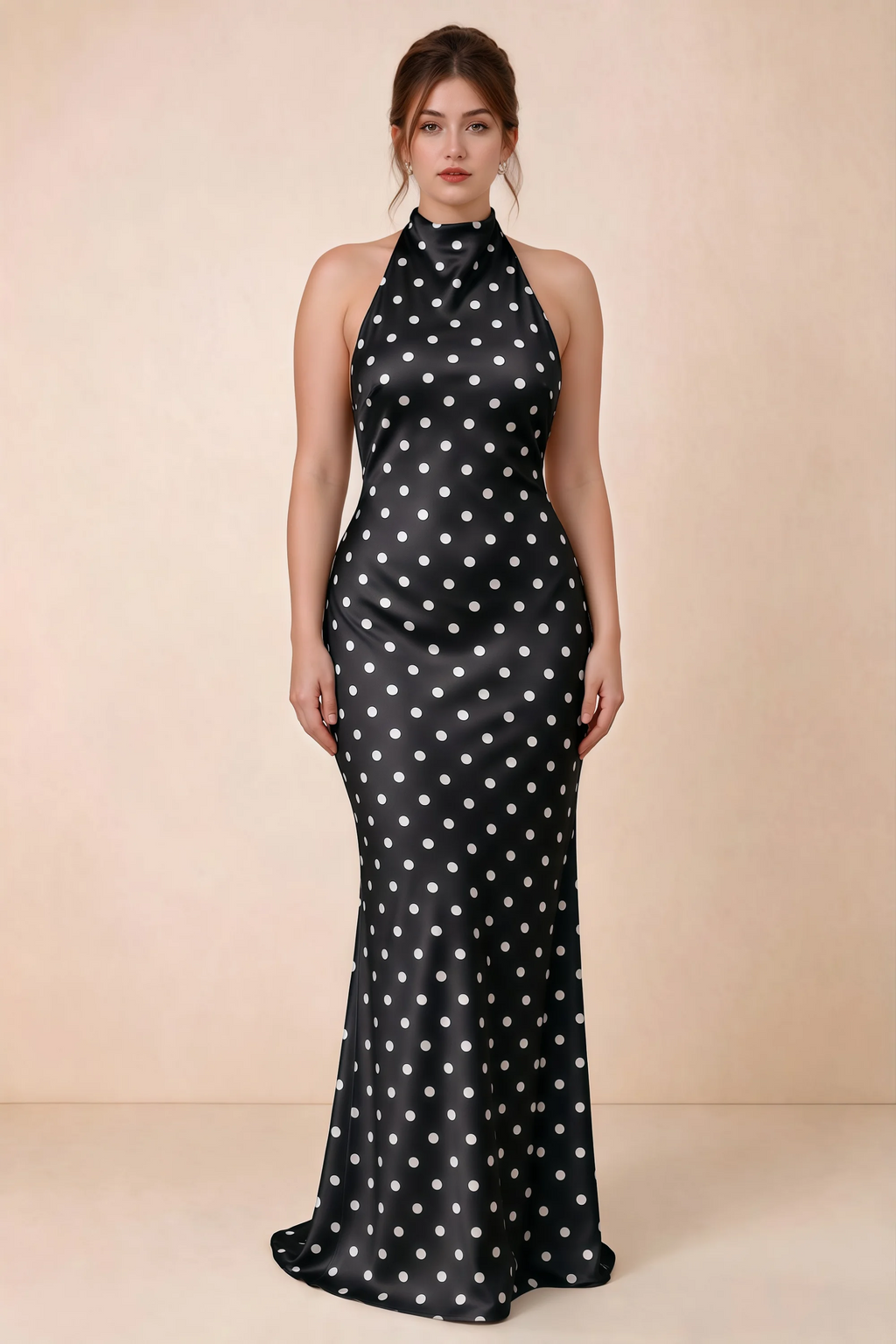 Full-length front view of Astrid black polka dot halter maxi dress, showing the flowing skirt.