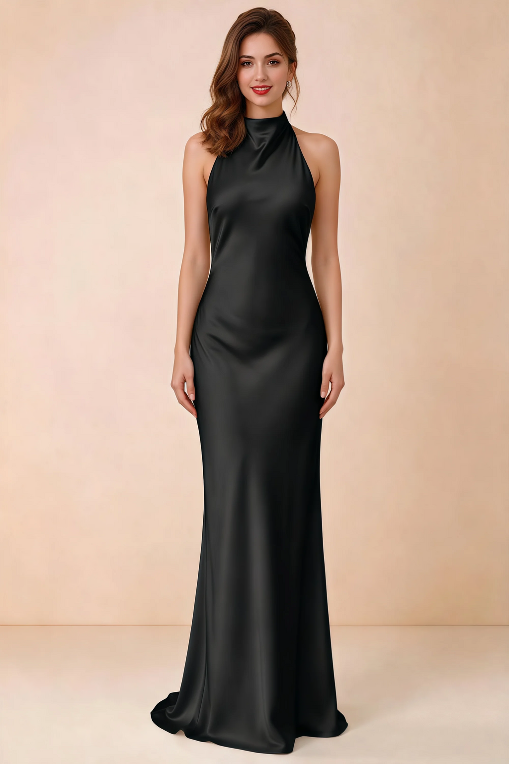 Front view of the Astrid black satin maxi dress, highlighting the high halter neckline and floor-length silhouette.