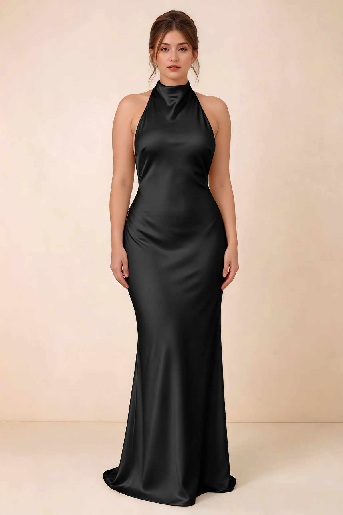 Full-length front view of the Astrid black satin maxi dress, highlighting the body-skimming fit and gently flared hem.