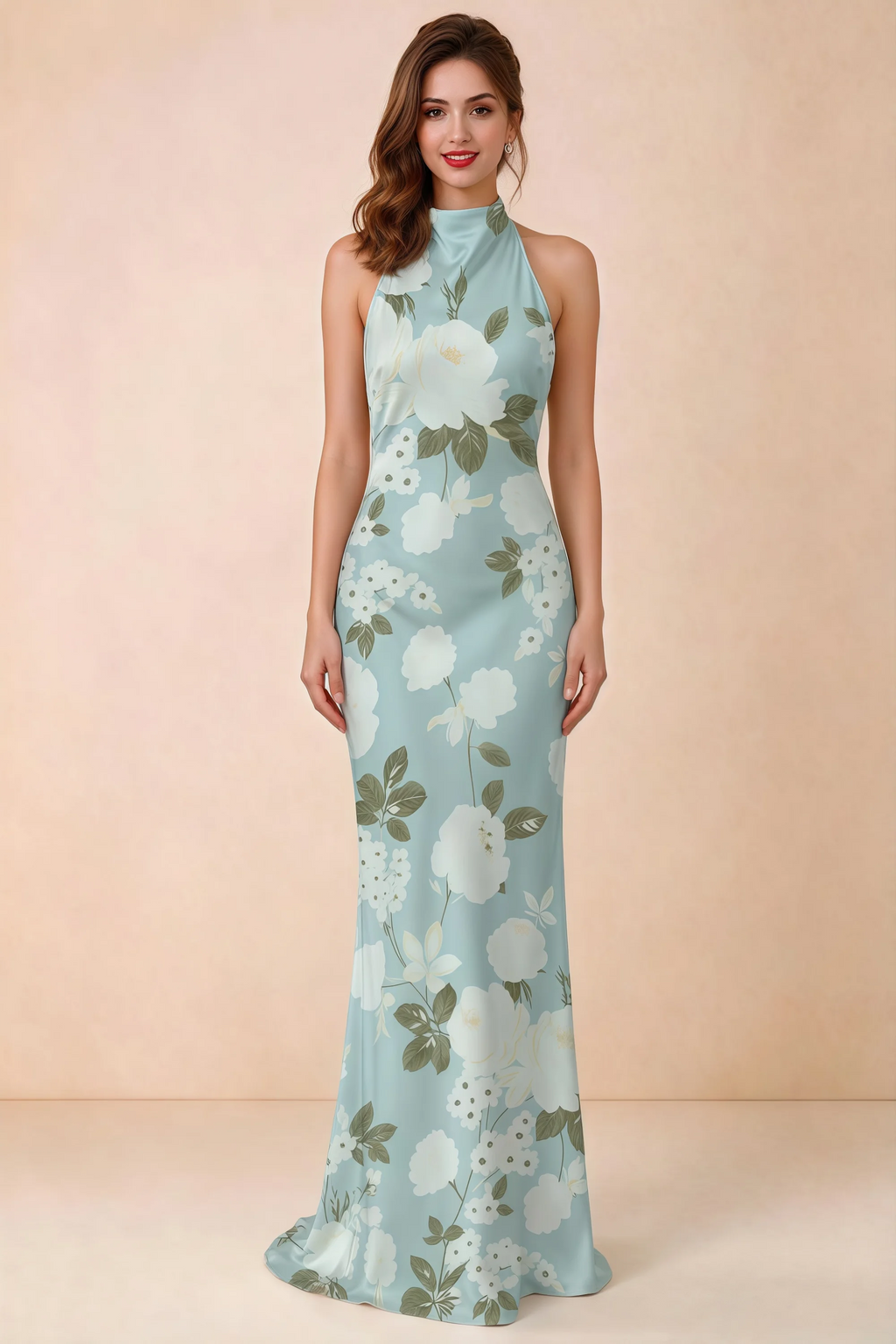Front view of Astrid blue floral halter maxi dress, showing the halter neckline.