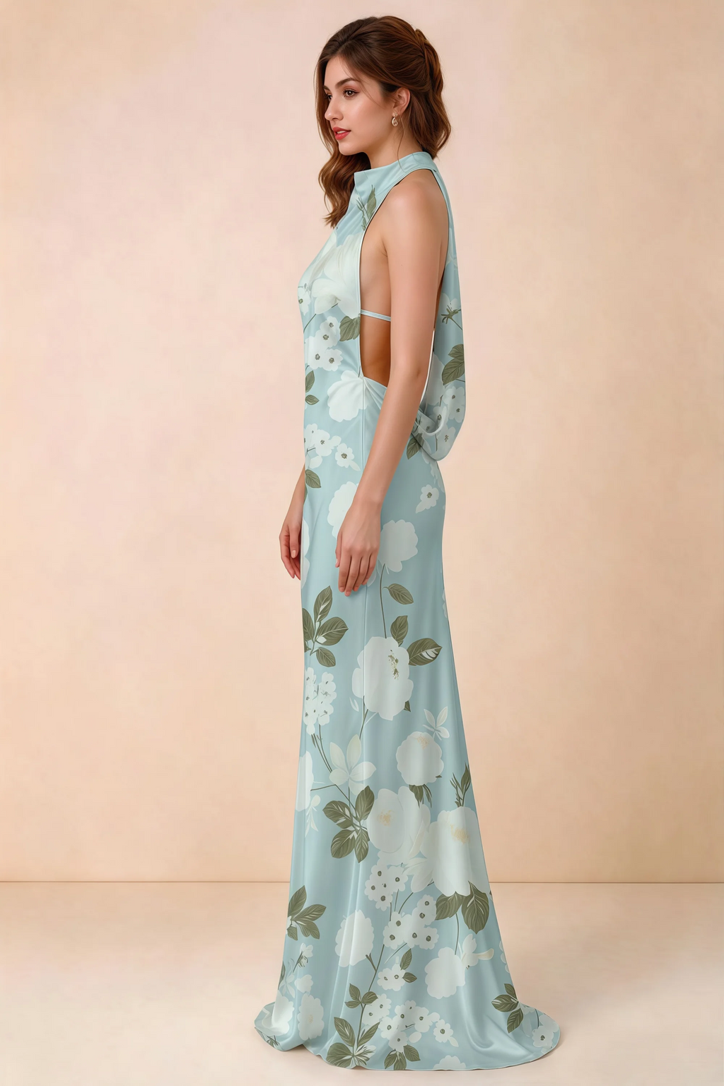 Side view of Astrid blue floral halter maxi dress, showing the side profile.