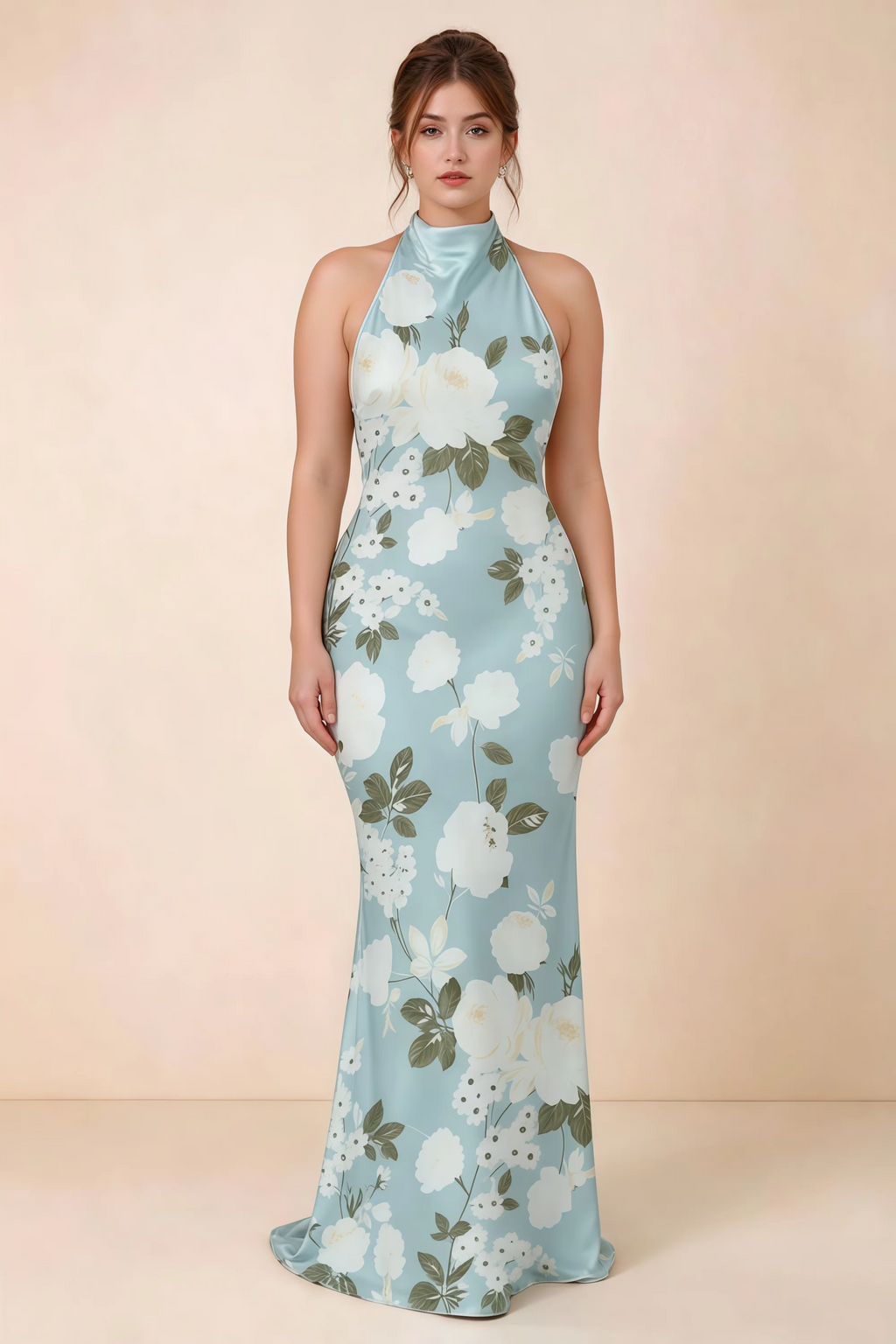 Full-length front view of Astrid blue floral halter maxi dress, showing the flowing skirt.