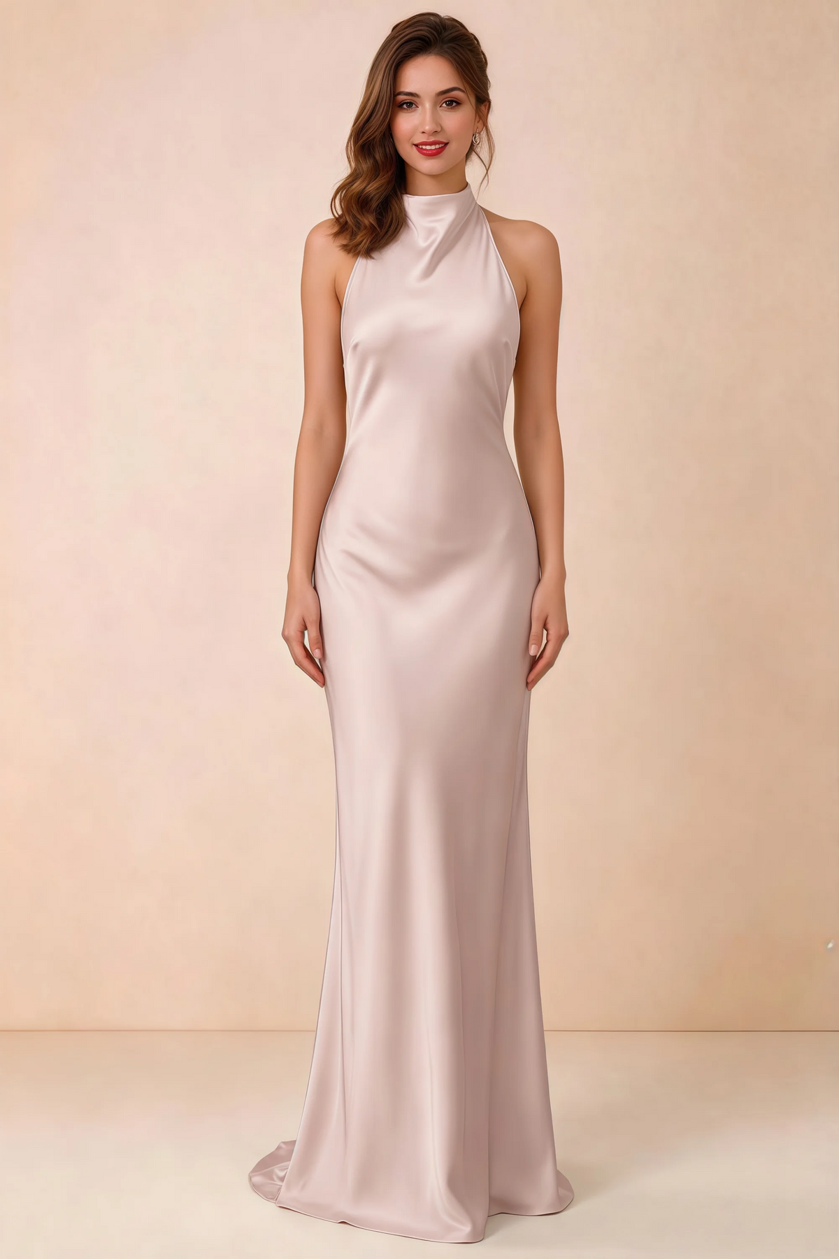 Front view of the Astrid blush satin maxi dress, highlighting the high halter neckline and floor-length silhouette.
