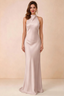 Front view of the Astrid blush satin maxi dress, highlighting the high halter neckline and floor-length silhouette.