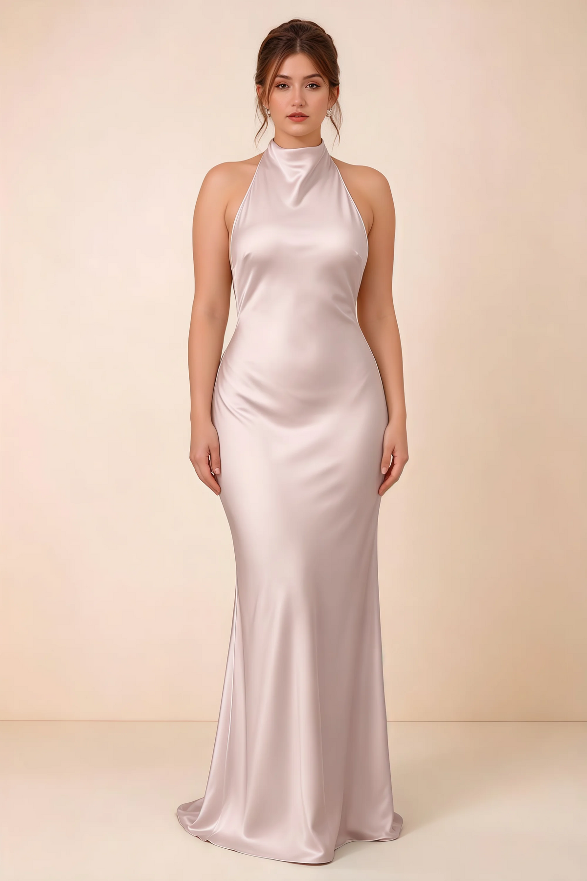 Full-length front view of the Astrid blush satin maxi dress, highlighting the body-skimming fit and gently flared hem.