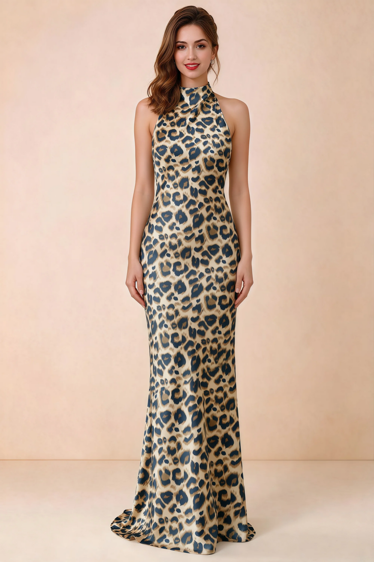 Front view of Astrid brown leopard print halter maxi dress, highlighting the neckline.