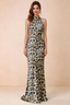 Front view of Astrid brown leopard print halter maxi dress, highlighting the neckline.