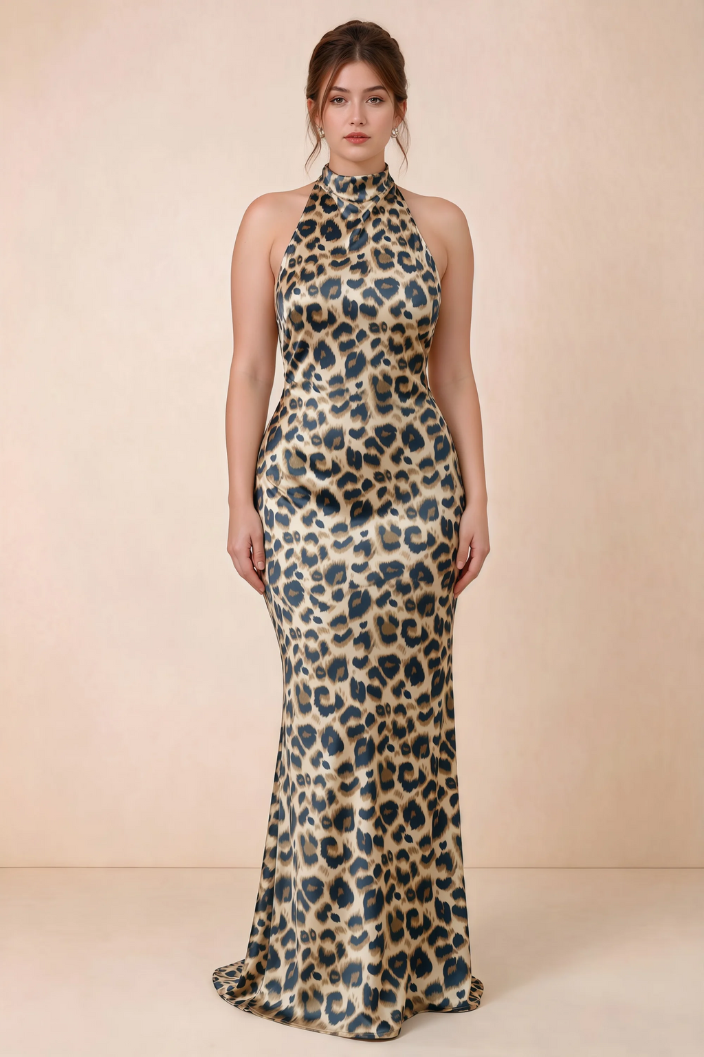 Front full-length view of Astrid brown leopard print halter maxi dress, highlighting the flowing hem.